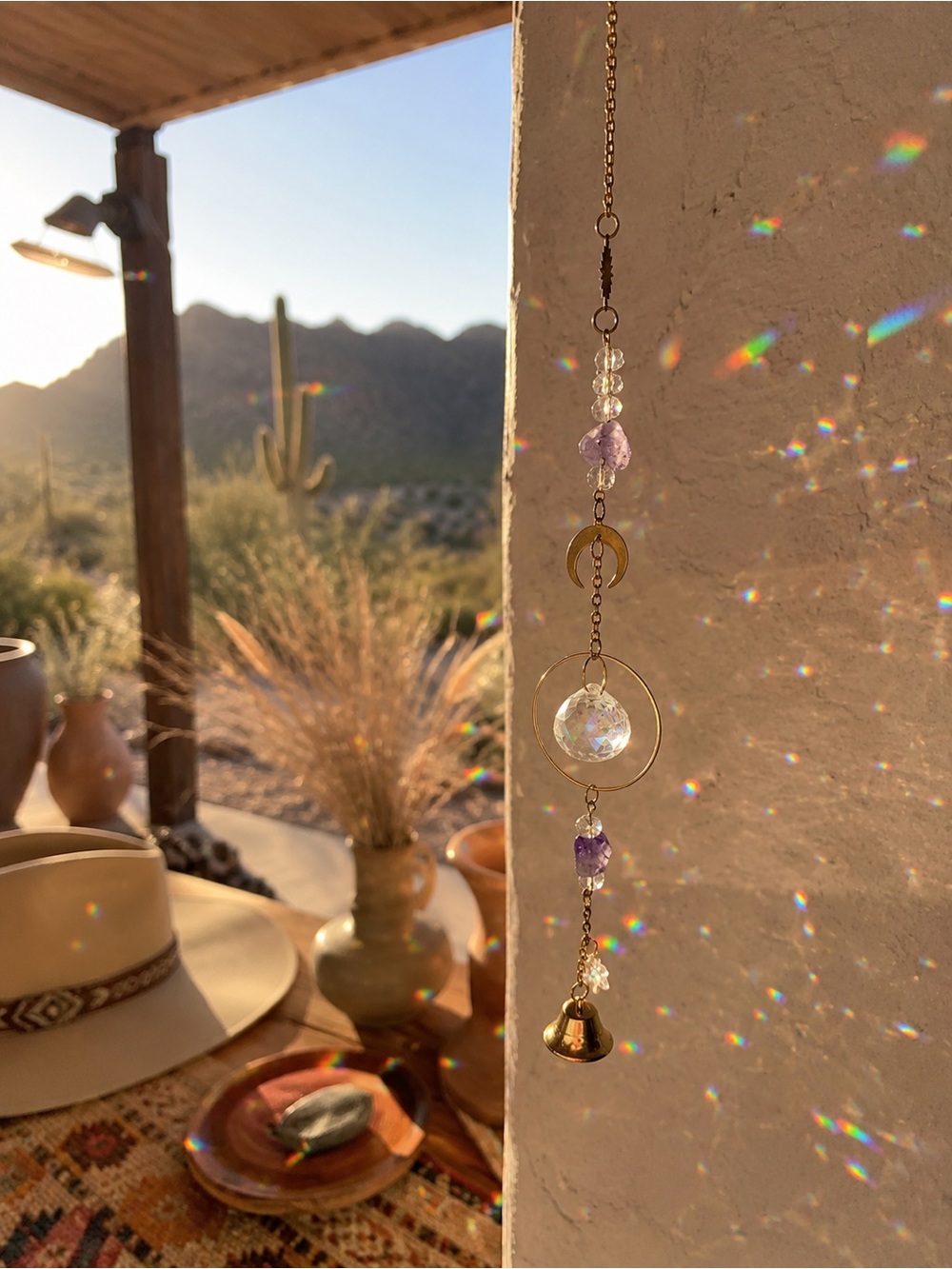 Gold Moon & Amethyst Crystal Pendant - Purple Crystal Sun Catcher